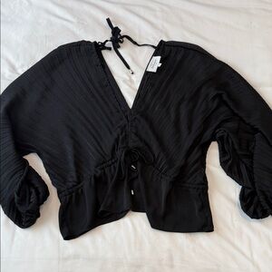 Bohme Women's Black Pleated V-Neck Tie-Front Blouse